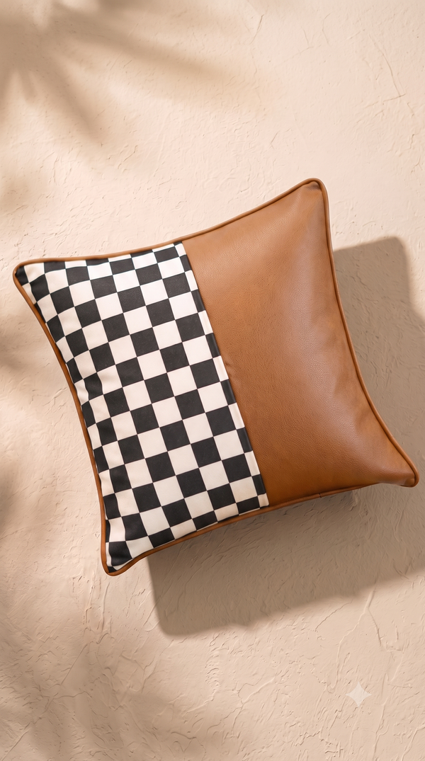 Mono Check Cushion Cover - Cognac Brown