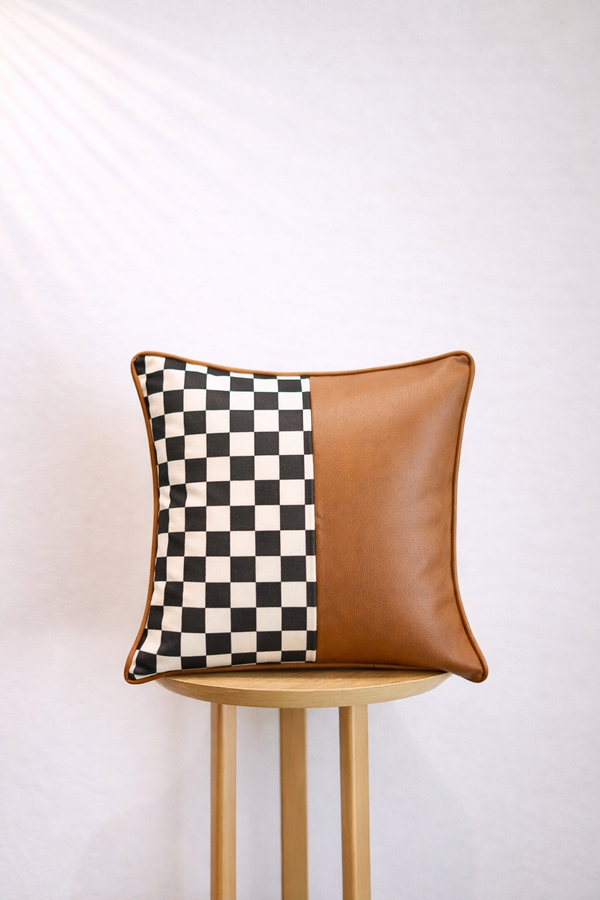 Mono Check Cushion Cover - Cognac Brown
